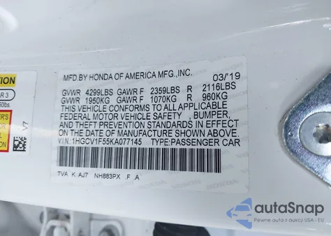 2019 Honda Accord Ex-L z USA, uszkodzony, nr VIN 1HGCV1F55KA077145